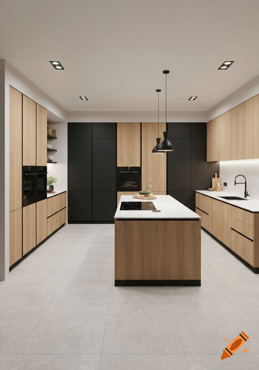 A sleek, modern kitchen with light wood and black cabinets, a white island with a cooktop, and pendant lights.