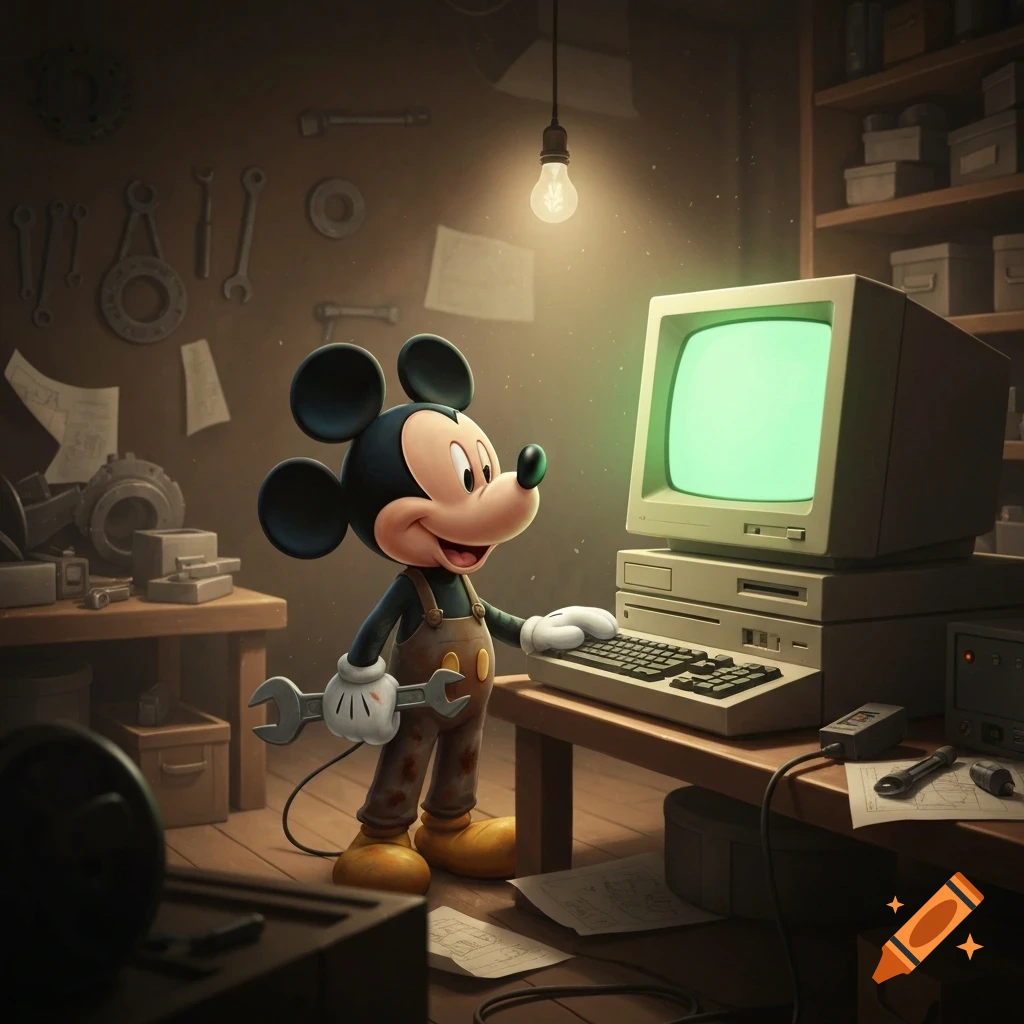 Mickey Mouse in overalls holding a wrench, standing in a dimly lit workshop with an old glowing green computer.