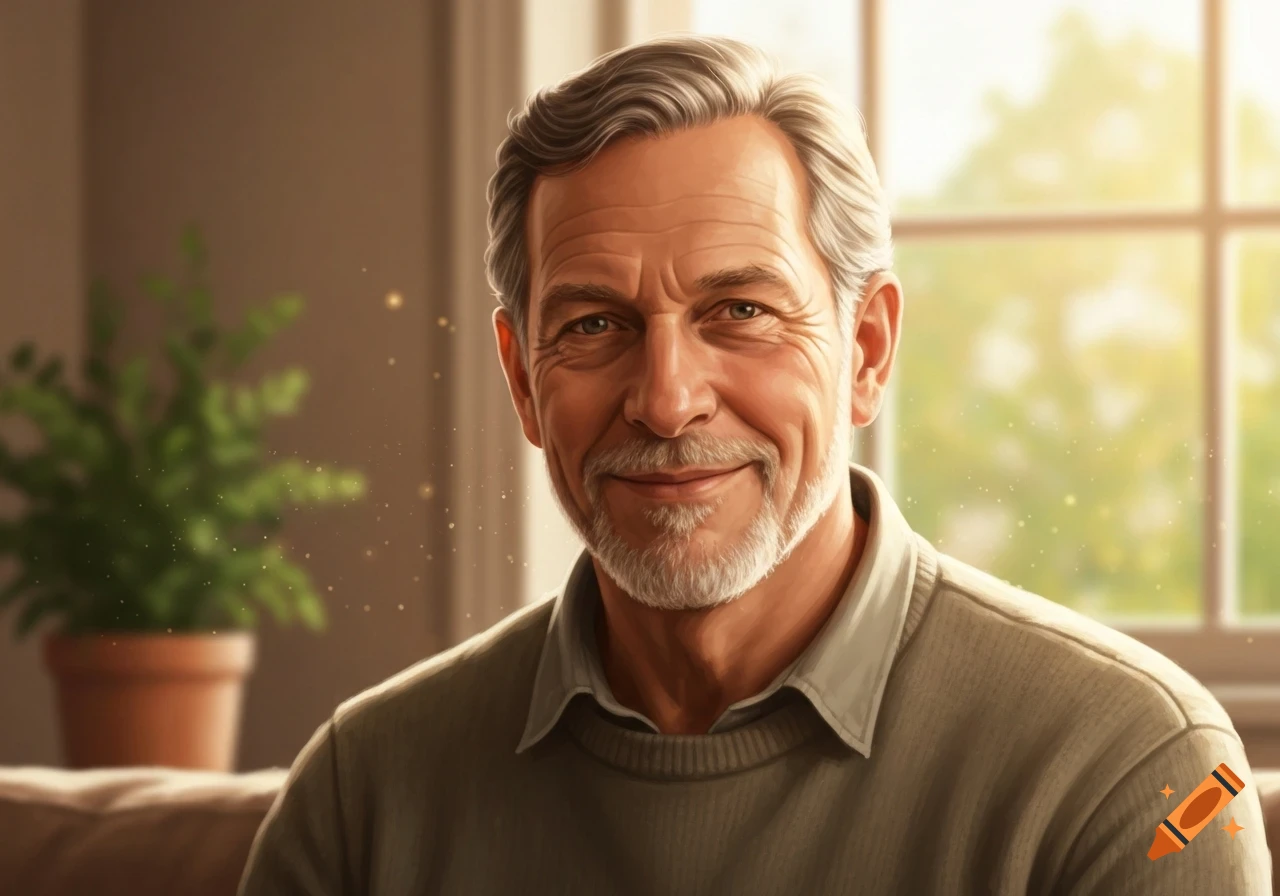 Photorealistic portrait of a smiling older man with gray hair and a beard, in a sunlit room.