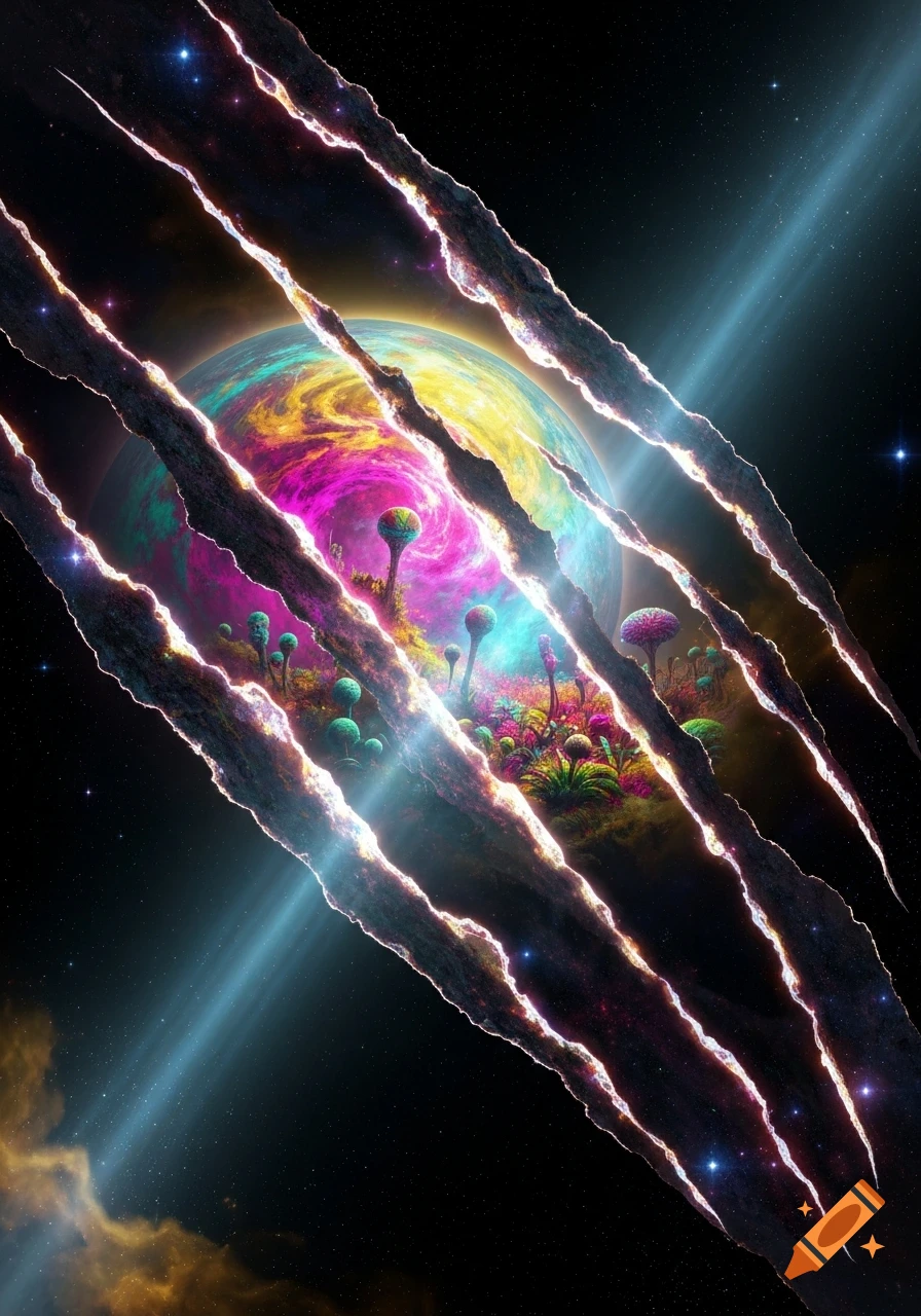 A vibrant psychedelic planet with colorful mushroom-like flora, seen through glowing claw-like rips in dark, starry space with a blue nebula.