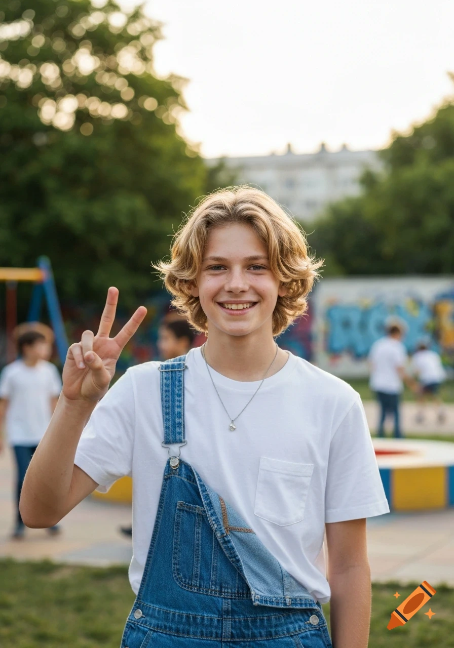 A smiling boy with wavy blonde hair in denim overalls makes a peace sign in a sunny playground.