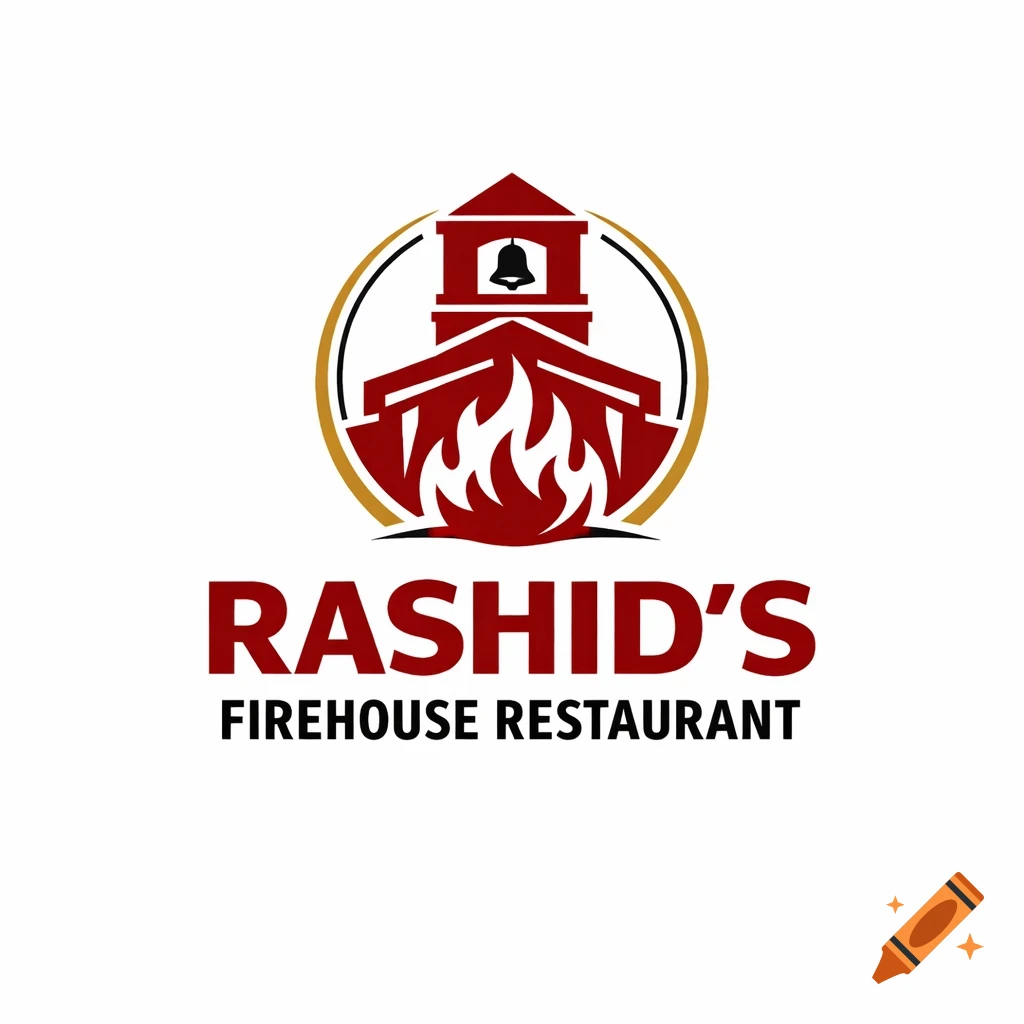 Red and gold logo for Rashid's Firehouse Restaurant, showing a stylized firehouse with a bell and flames. The text 'RASHID'S FIREHOUSE RESTAURANT' is below.