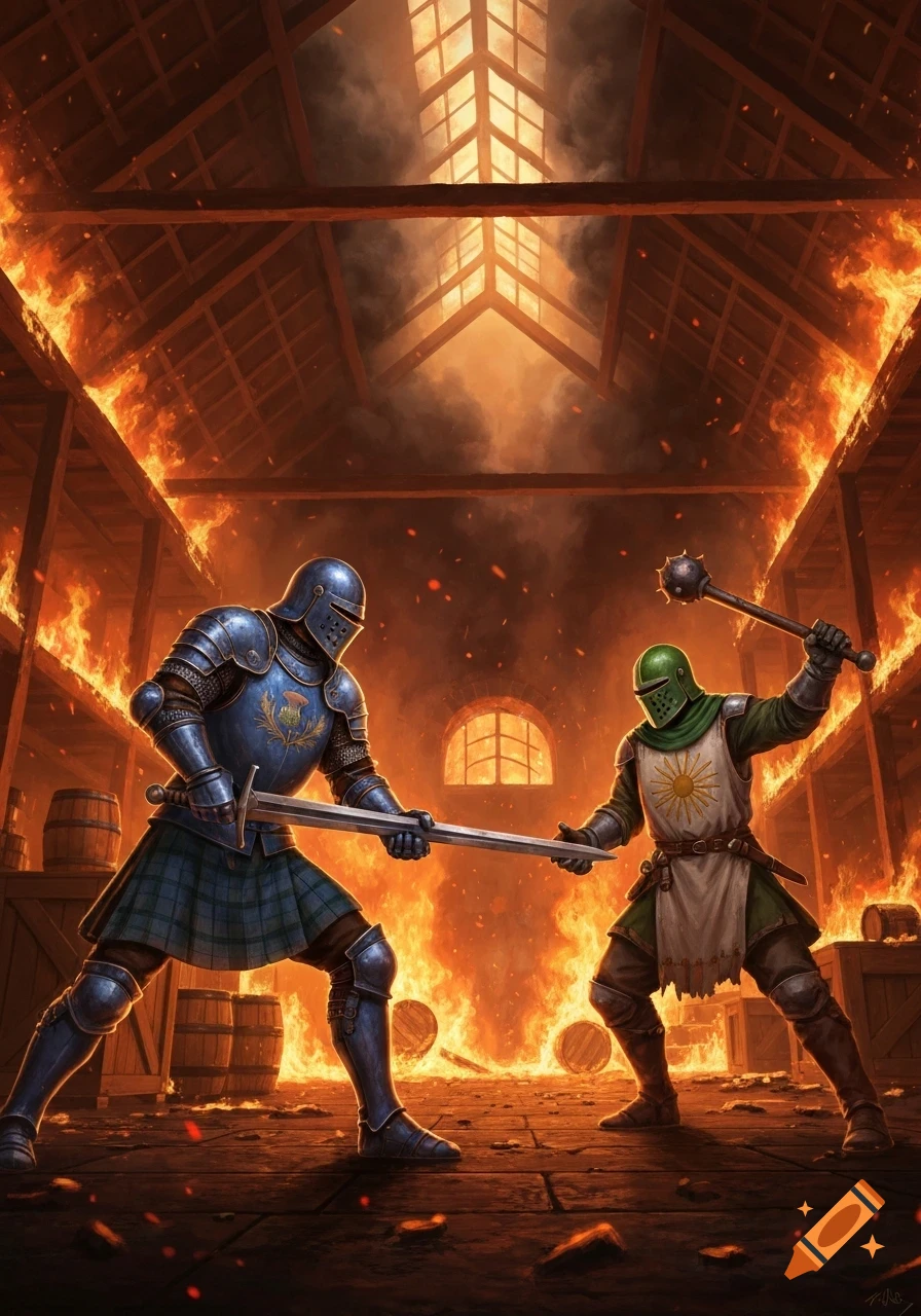 Two armored knights, one blue with a sword and one green with a mace, fight in a burning medieval warehouse.