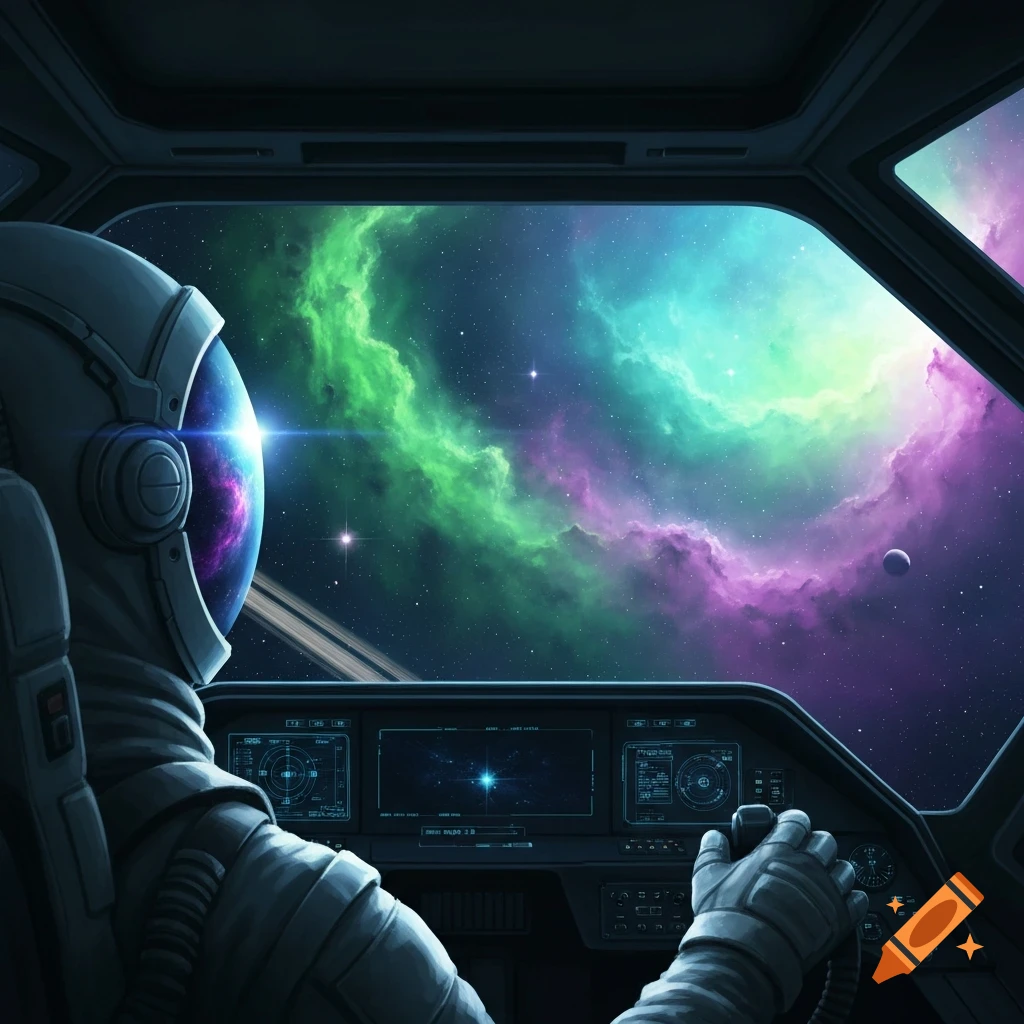An astronaut in a cockpit views a vibrant green and purple nebula and distant planet through a large window.