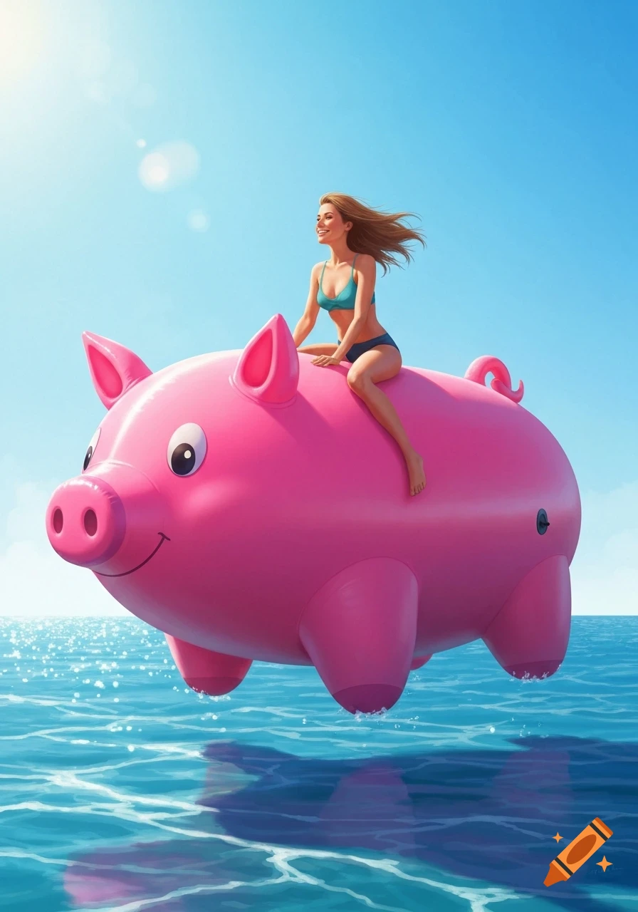 A woman in a bikini happily rides a large pink inflatable pig floating on sparkling blue water under a clear sky.
