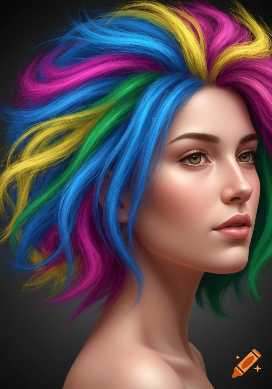 A vibrant portrait of a woman with flowing, multi-colored hair against a dark background.