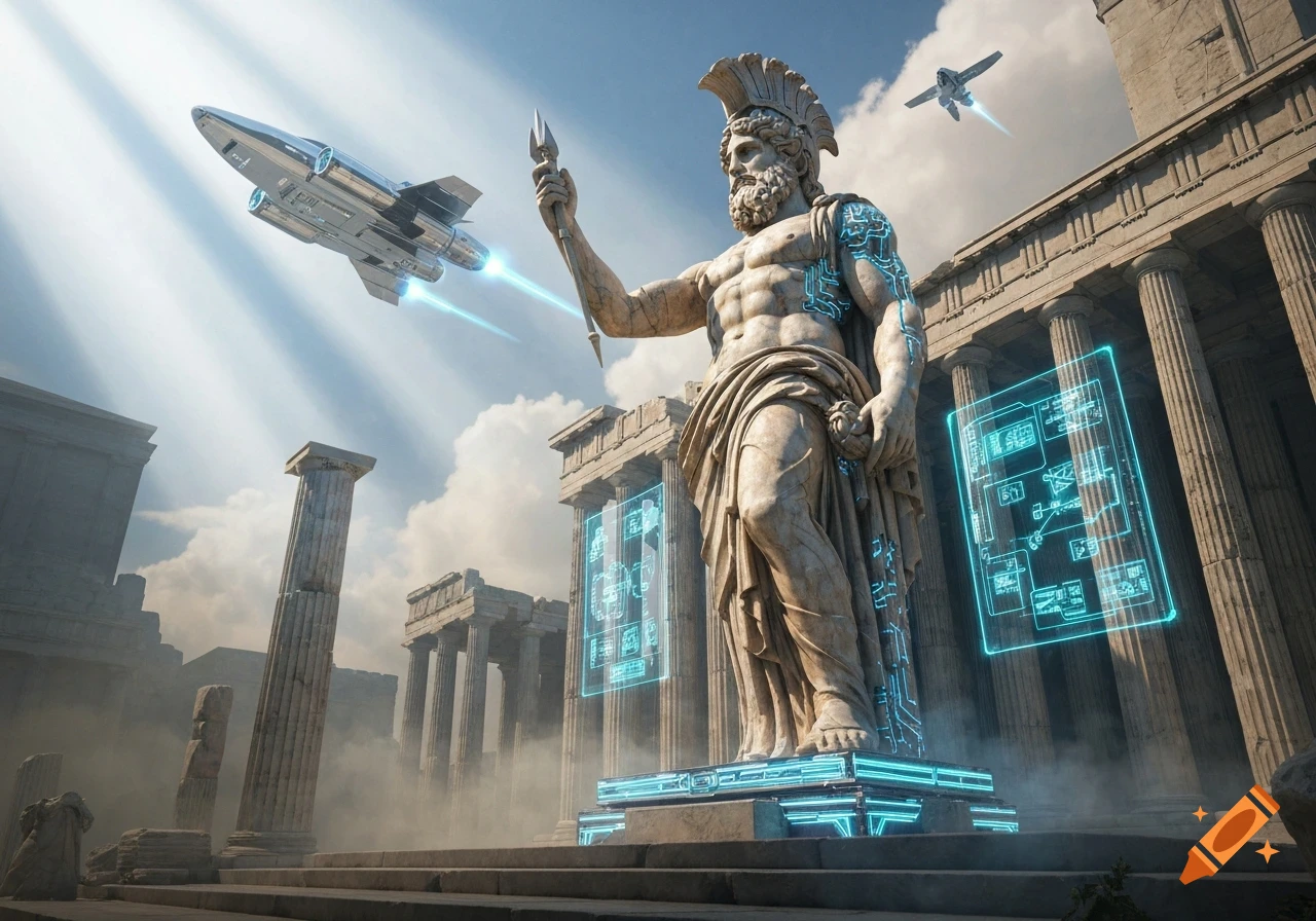A colossal ancient Greek statue with glowing blue circuits stands among classical ruins as futuristic spaceships fly overhead, with holographic displays floating nearby.