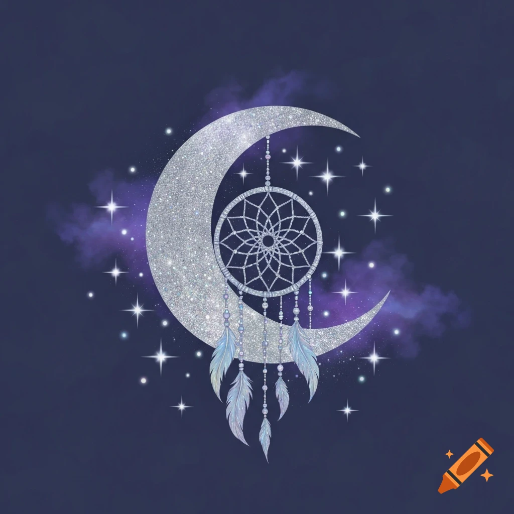A glittering silver crescent moon with a detailed dreamcatcher and feathers, surrounded by glowing stars against a dark blue and purple nebula sky.