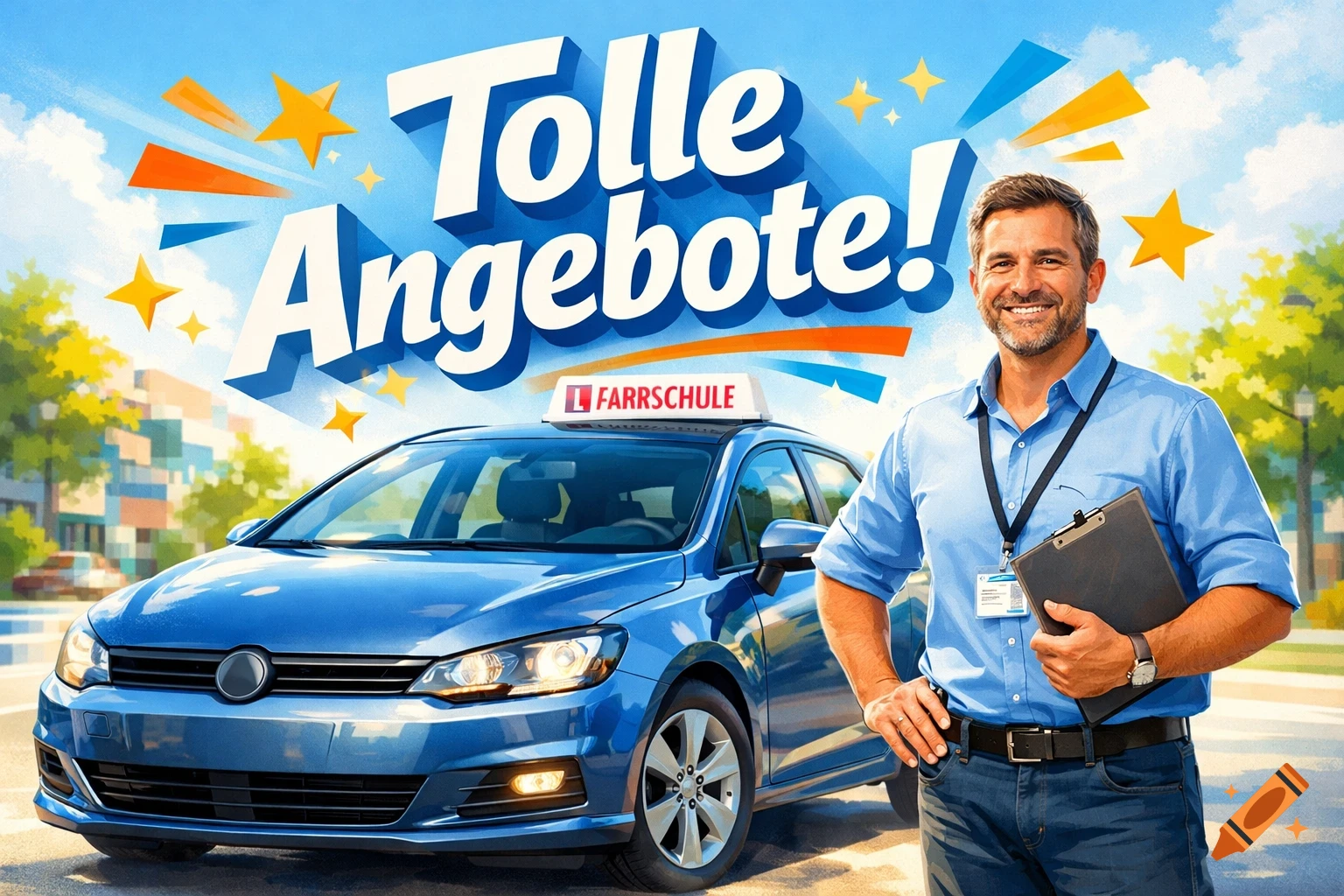 A smiling male driving instructor stands next to a blue driving school car with a "Tolle Angebote!" (Great Offers!) sign in a vibrant, illustrative style.