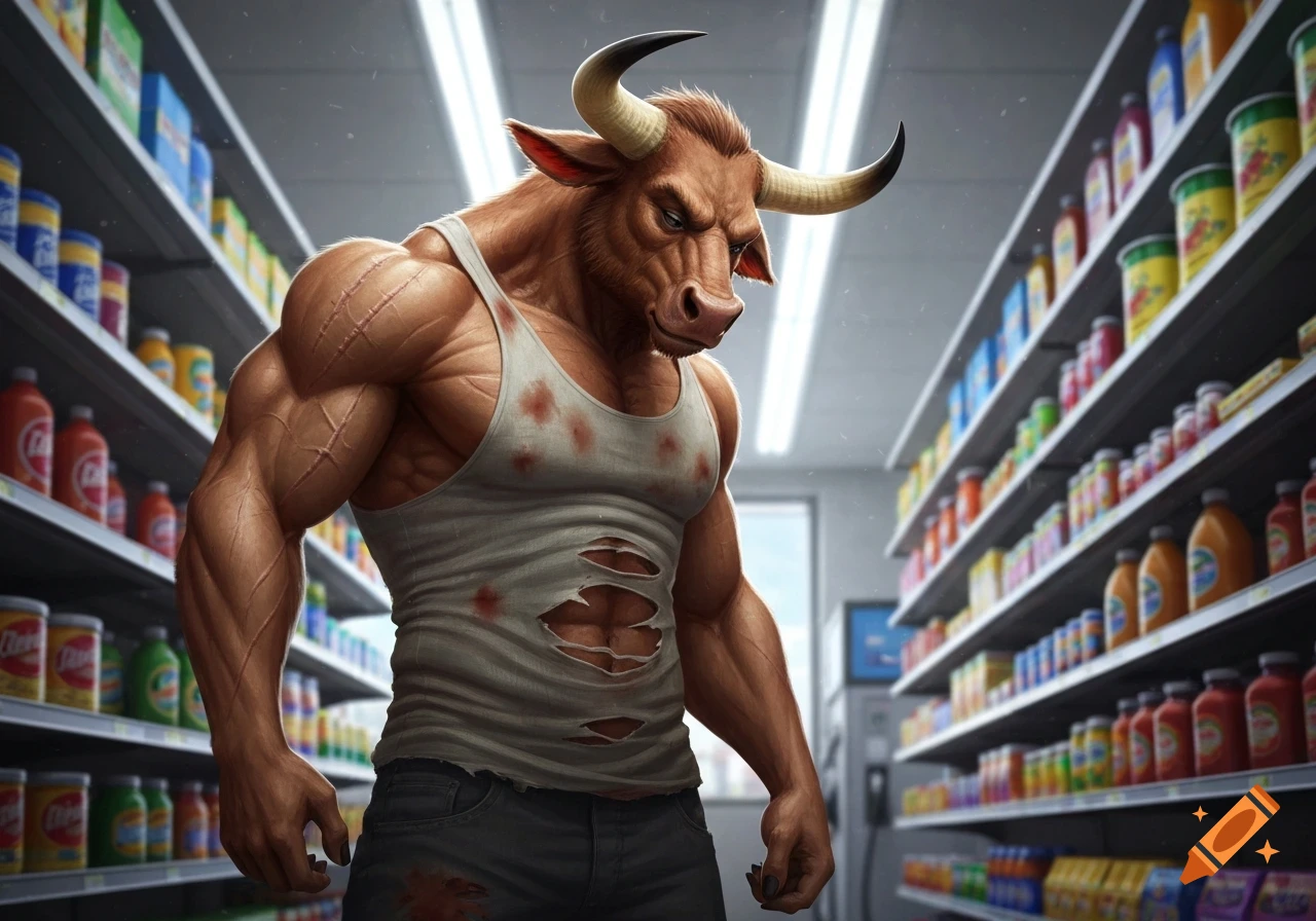 A muscular minotaur with a bull's head, wearing a ripped, stained tank top and jeans, stands irritated in a supermarket aisle.
