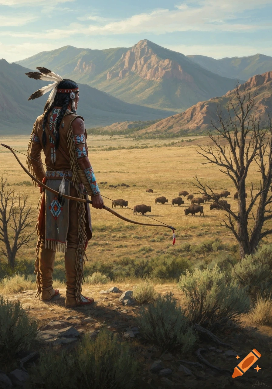 A Native American warrior stands on a hill, holding a bow and looking over a valley where a herd of buffalo graze, with mountains in the background.