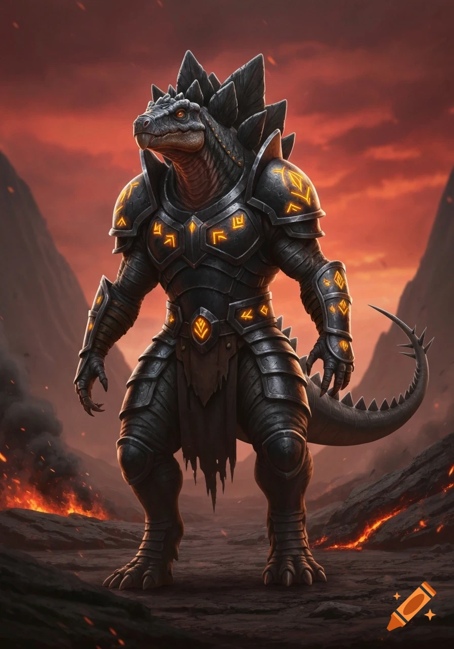 A humanoid stegosaurus in dark, glowing runic armor stands in a fiery volcanic landscape with a red sky.