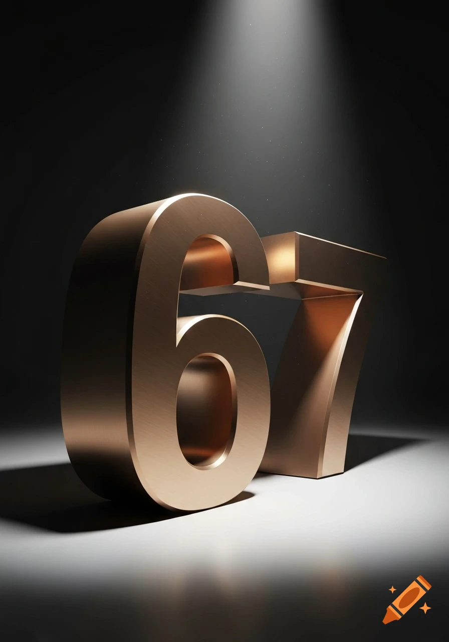 Metallic 3D numbers '67' under a dramatic spotlight on a dark background.