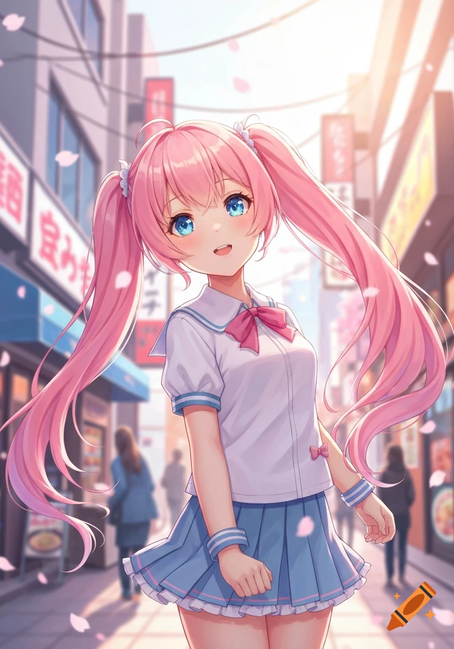 An anime girl with pink pigtails and blue eyes smiles in a school uniform on a cherry blossom-covered city street.