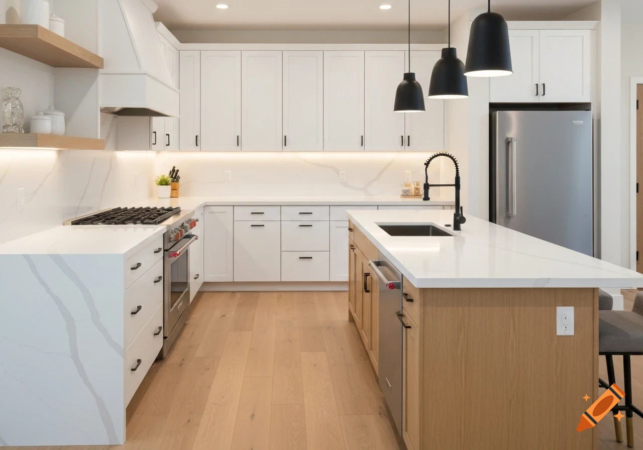 Photorealistic modern kitchen with white flat-panel cabinets, light oak island, white quartz countertops, stainless steel appliances, and matte black fixtures.
