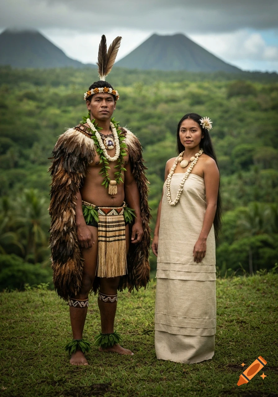 A man and woman in traditional Hawaiian attire stand in a lush tropical landscape with mountains in the background.