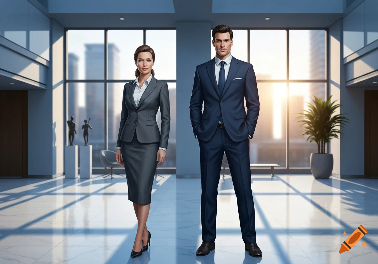 A business woman in a grey suit and a business man in a blue suit stand in a modern office with large windows overlooking a city.
