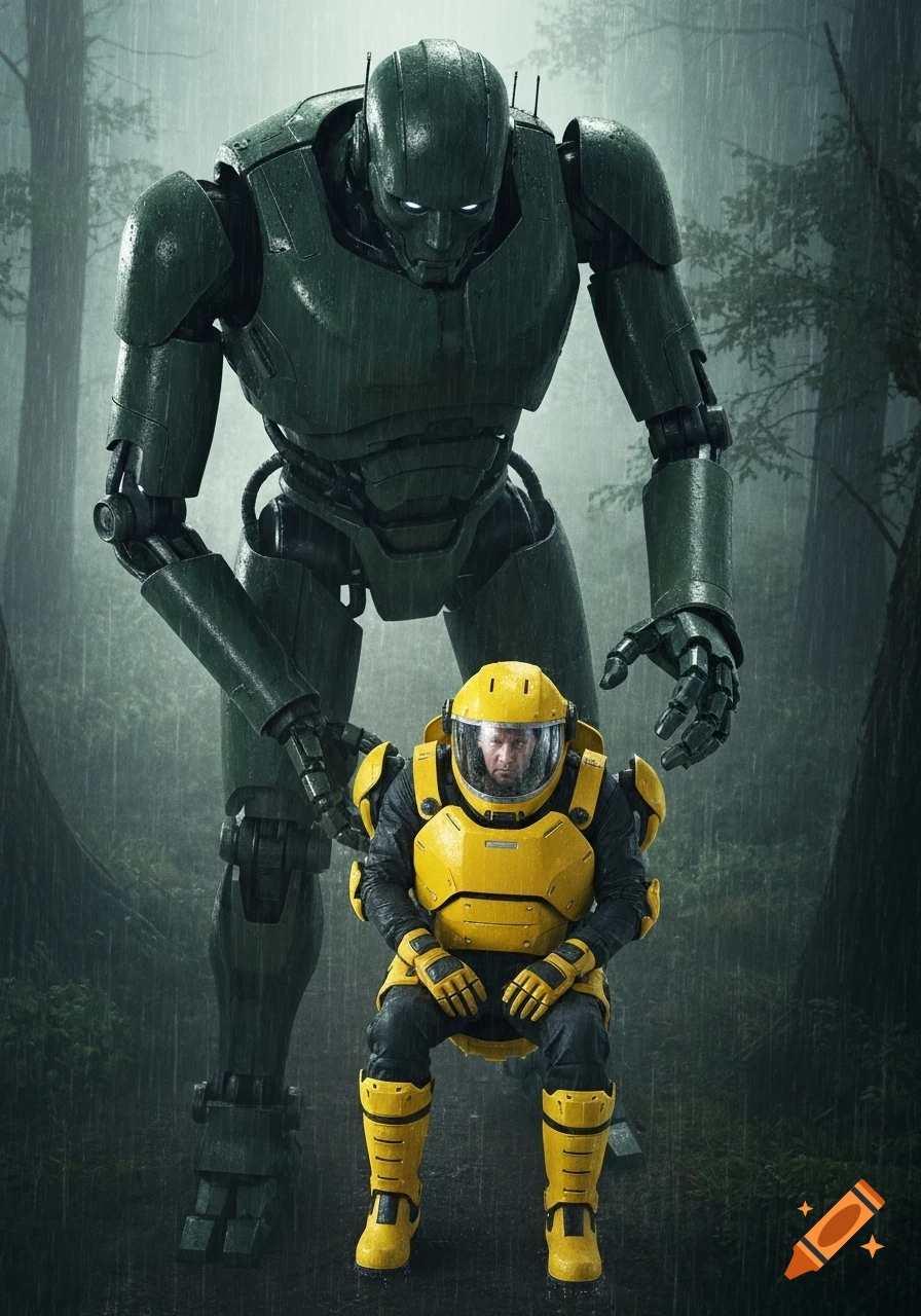 A large dark green robot stands over a man in a yellow exoskeleton ...