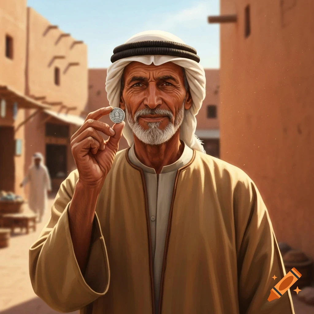 An elderly Middle Eastern man in traditional attire holds a silver coin in a sunny village street.