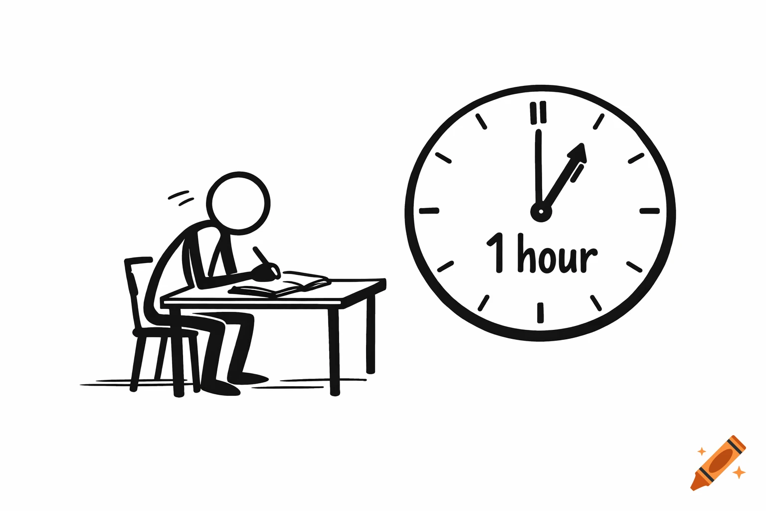 A black and white stick figure sits at a table writing in a notebook, next to a clock labeled "1 hour".