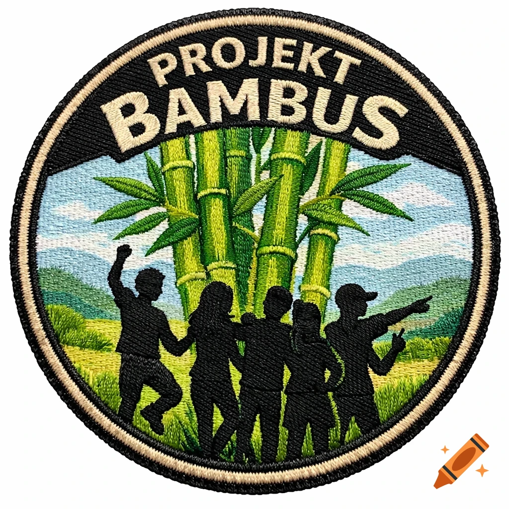Circular embroidered patch with 'PROJEKT BAMBUS' text above green bamboo stalks and black silhouettes of five teenagers in a field.