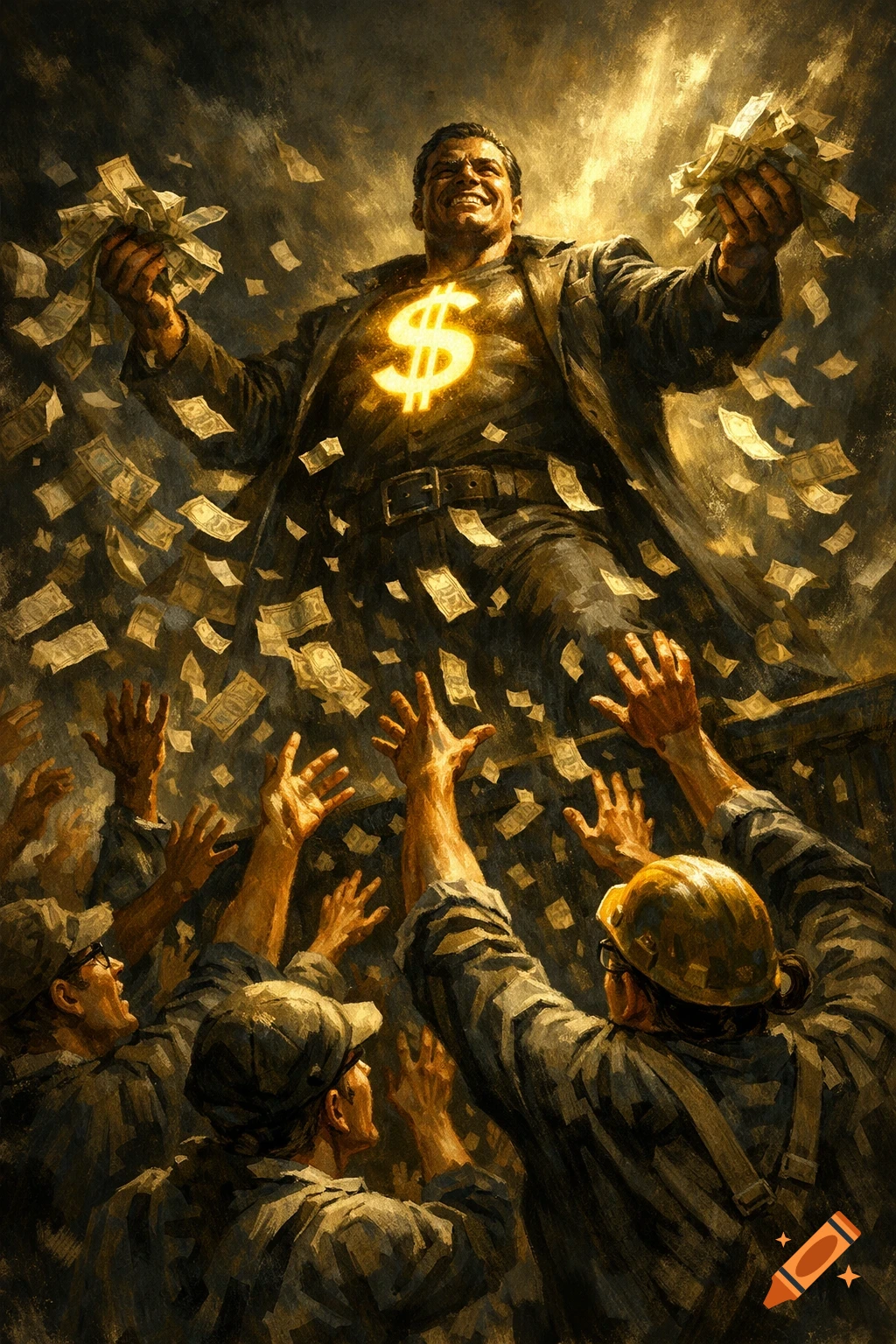 Dramatic painting of a man with a glowing dollar sign on his chest throwing money down to a crowd of people reaching up.