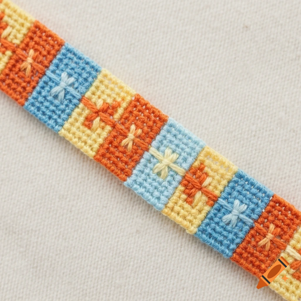 Close-up of a colorful cross-stitch band with orange, yellow, and blue squares, each featuring an 'X' pattern.