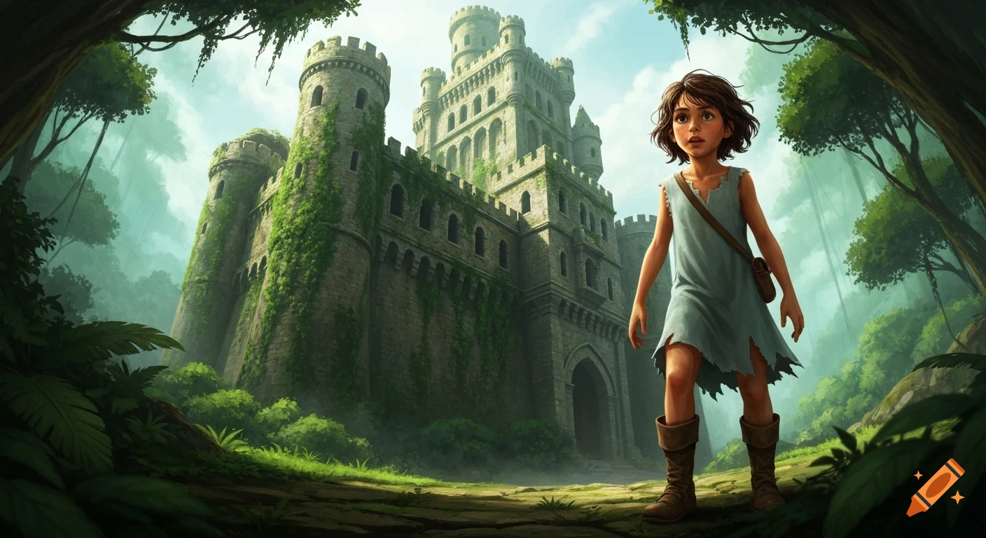A young girl with a curious expression stands tentatively before an ancient, ivy-covered castle in a dense, emerald jungle.