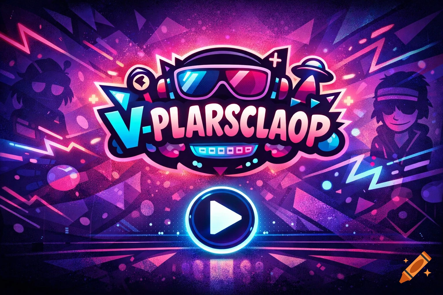 A vibrant, neon-lit graphic logo featuring stylized text "V-PLARSCLAOP" with 3D glasses on top, flanked by two shadowy figures, and a glowing play button at the bottom, against a geometric background.