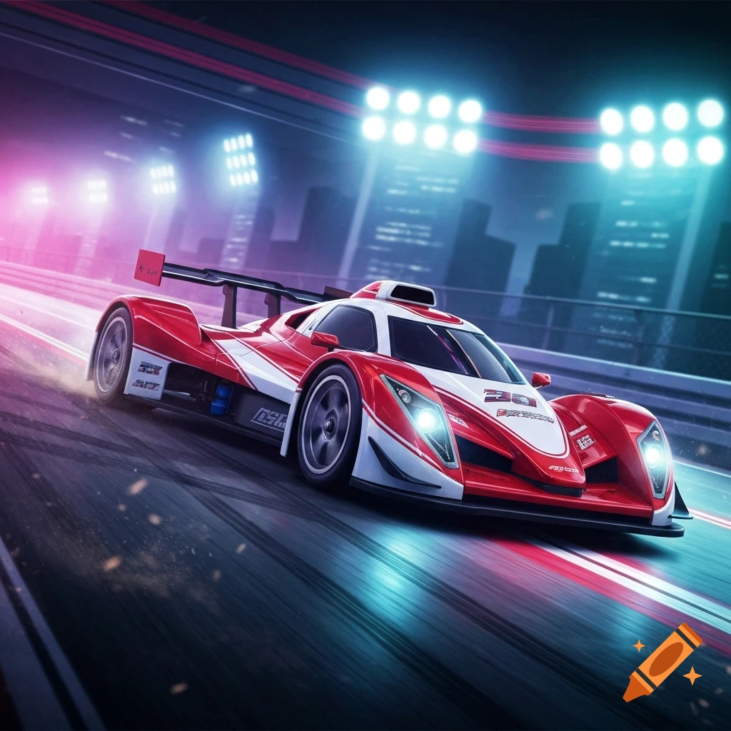 A red and white futuristic race car with glowing headlights speeds down a track at night, with city lights in the background.