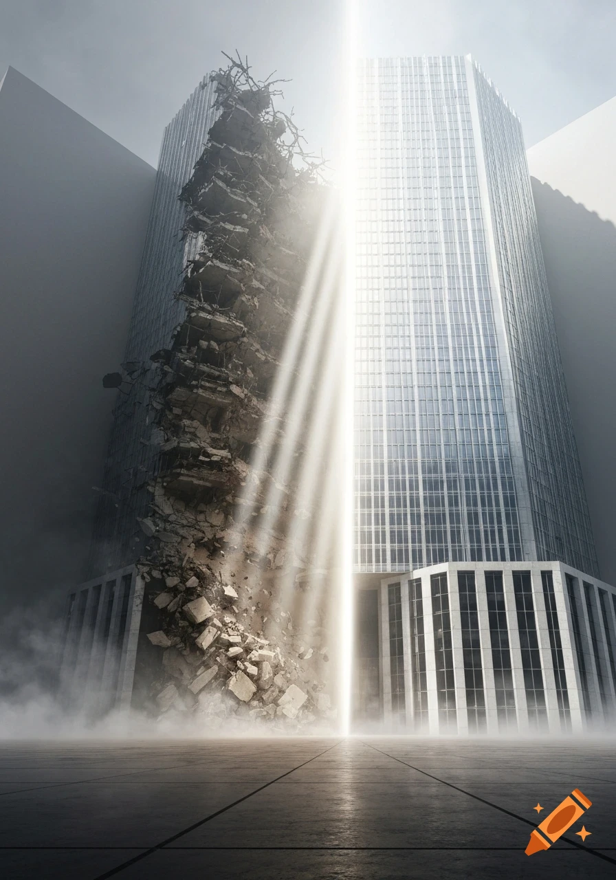 A tall building, half destroyed ruin with rubble, half modern skyscraper, divided by a bright vertical light beam and mist.
