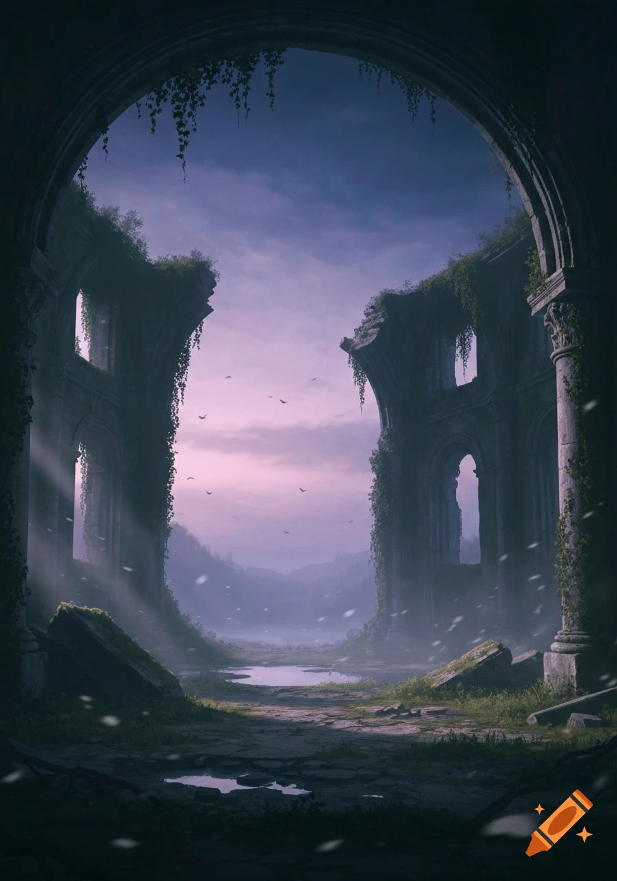 Atmospheric digital painting of ancient, vine-covered ruins framing a misty valley with pools of water under a purple twilight sky.