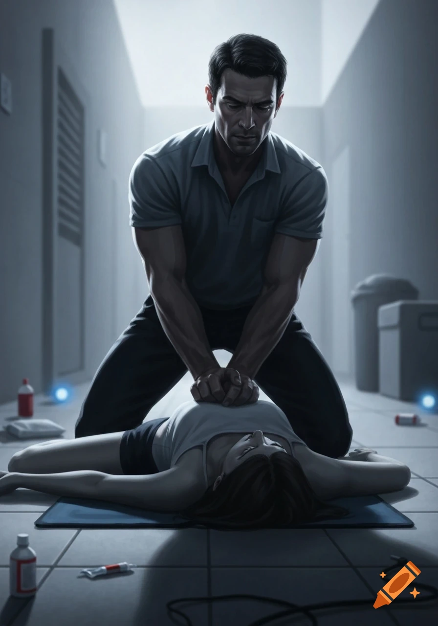 A dramatic, illustrative image of a man performing CPR on a woman lying on a mat in a dimly lit hallway.