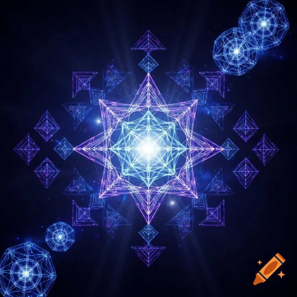 An intricate, glowing purple and blue geometric star pattern against a dark, starry background, resembling sacred geometry.
