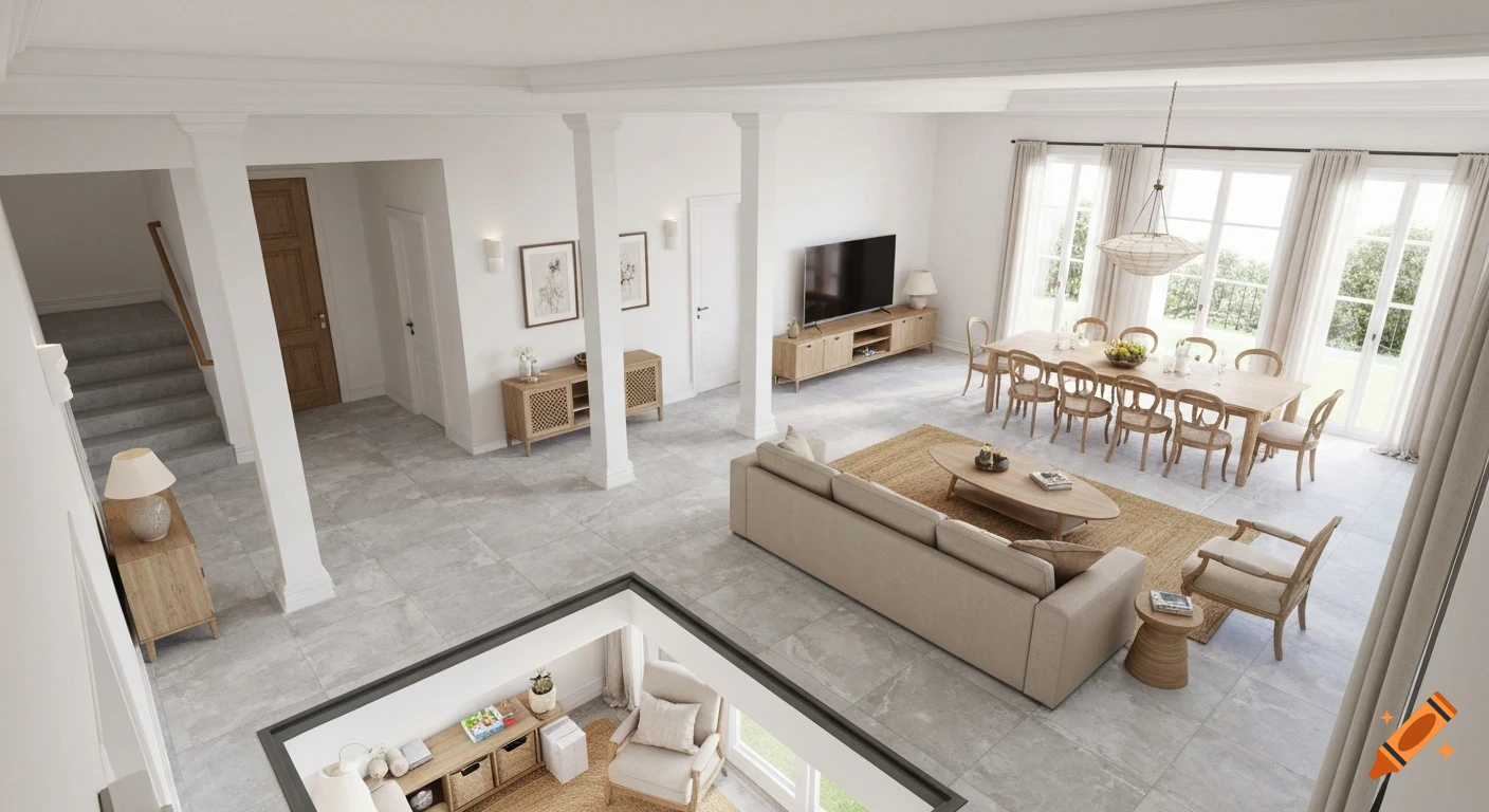 A photorealistic 3D render of an open-plan Mediterranean living and dining room with light wood furniture and gray tiled floors.