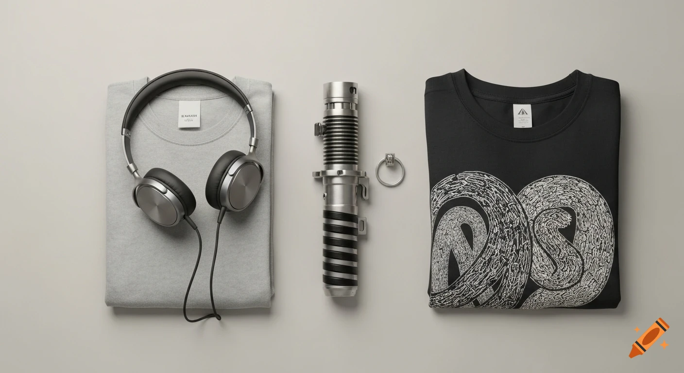 A flat lay of a gray folded sweatshirt, silver headphones, a silver lightsaber hilt, and a black folded t-shirt with a white abstract design, all on a neutral background.