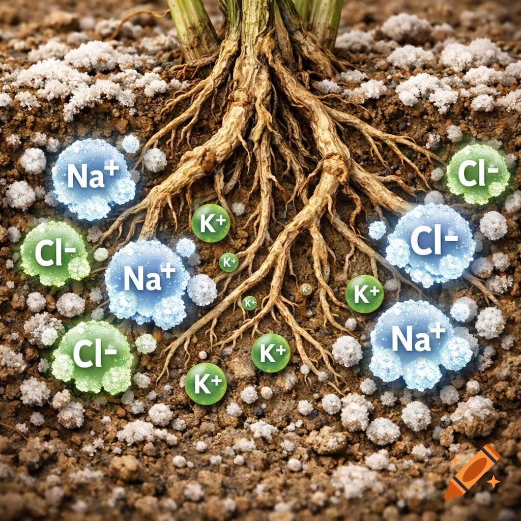 Close-up of plant roots in brown soil, surrounded by glowing blue Na+ and green Cl- ions, with smaller green K+ ions, in an educational style.