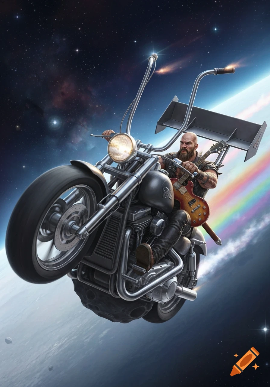 A bald, bearded biker on an asteroid-motorcycle, with a guitar and sword, flies through space trailing a rainbow.