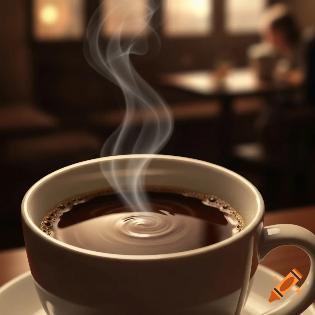 Close-up of a steaming cup of dark coffee with a swirl, on a saucer, against a blurred cafe background.