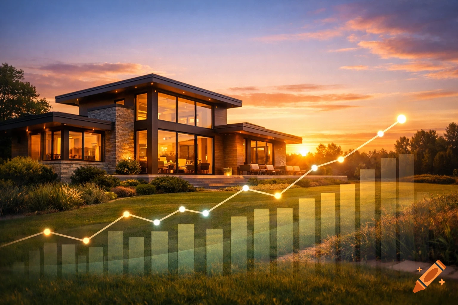 A modern house with illuminated windows at sunset, featuring a rising financial graph overlaid on the green lawn.