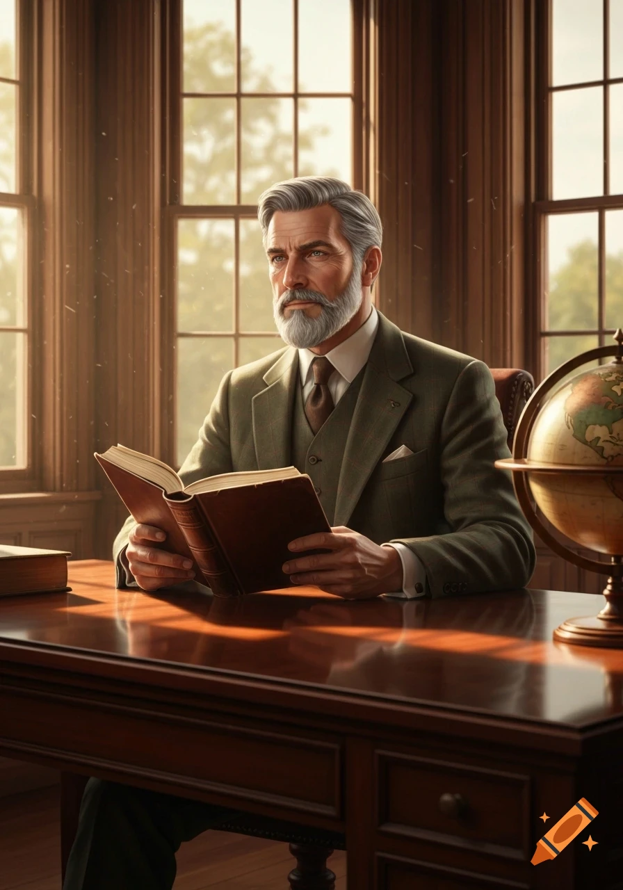 A distinguished man with gray hair and beard, wearing a suit, reads a book at a wooden desk in a sunlit study with large windows and a globe.