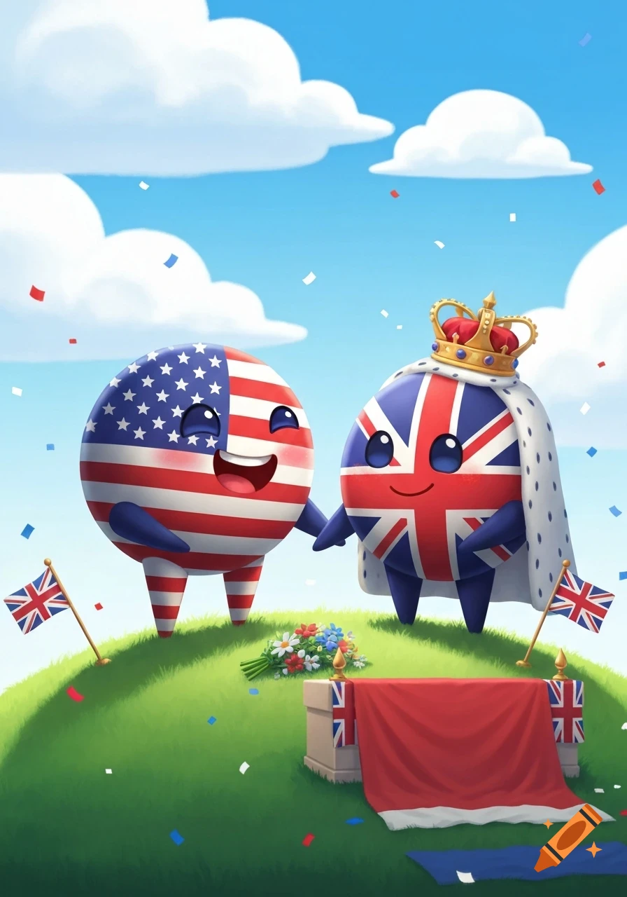 Cartoon countryball characters of the USA and UK holding hands on a grassy hill, with confetti, a crown, and flags, symbolizing a wedding.