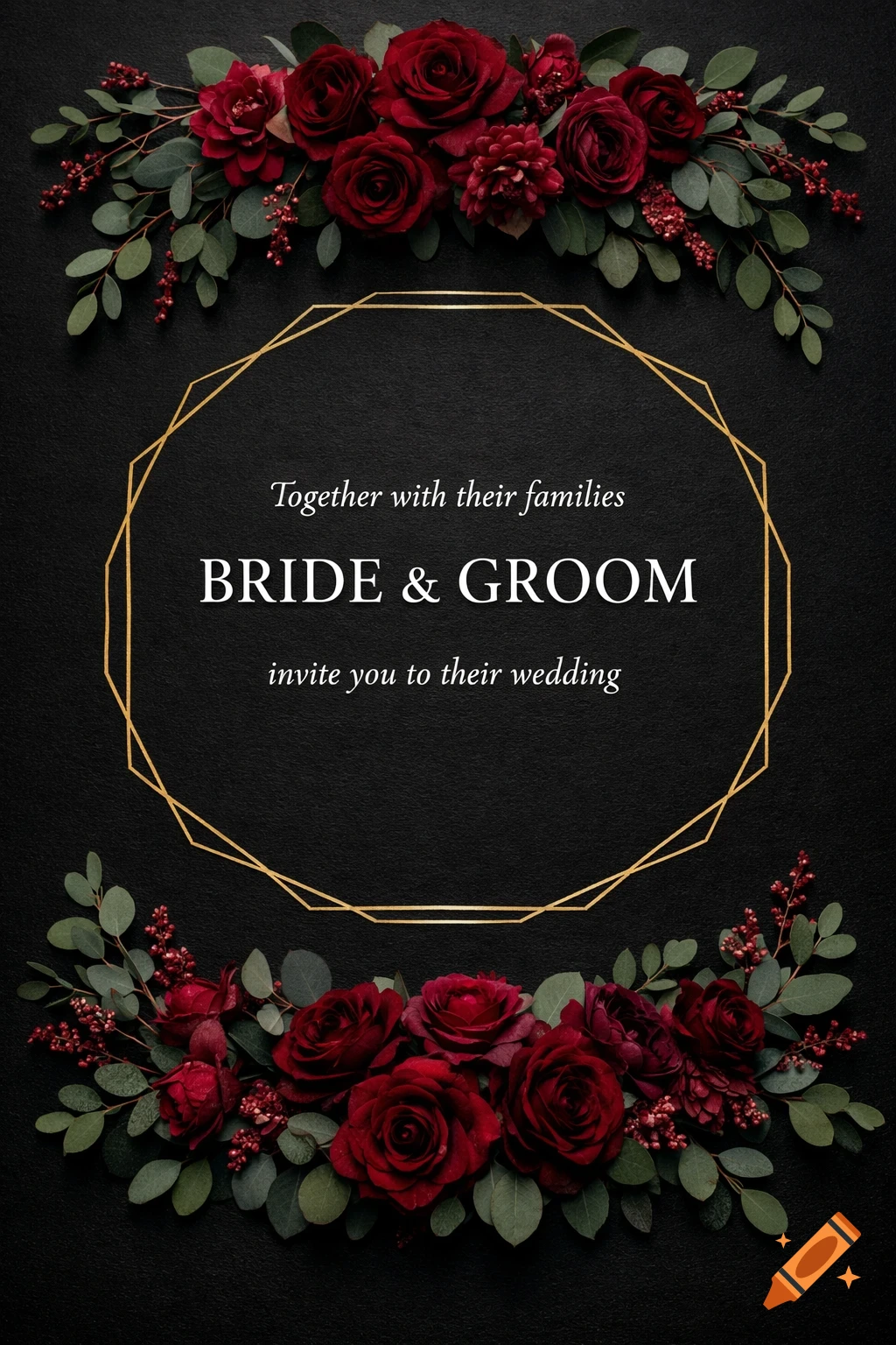 Black wedding invitation card with red roses, green eucalyptus, a gold geometric frame, and white text.