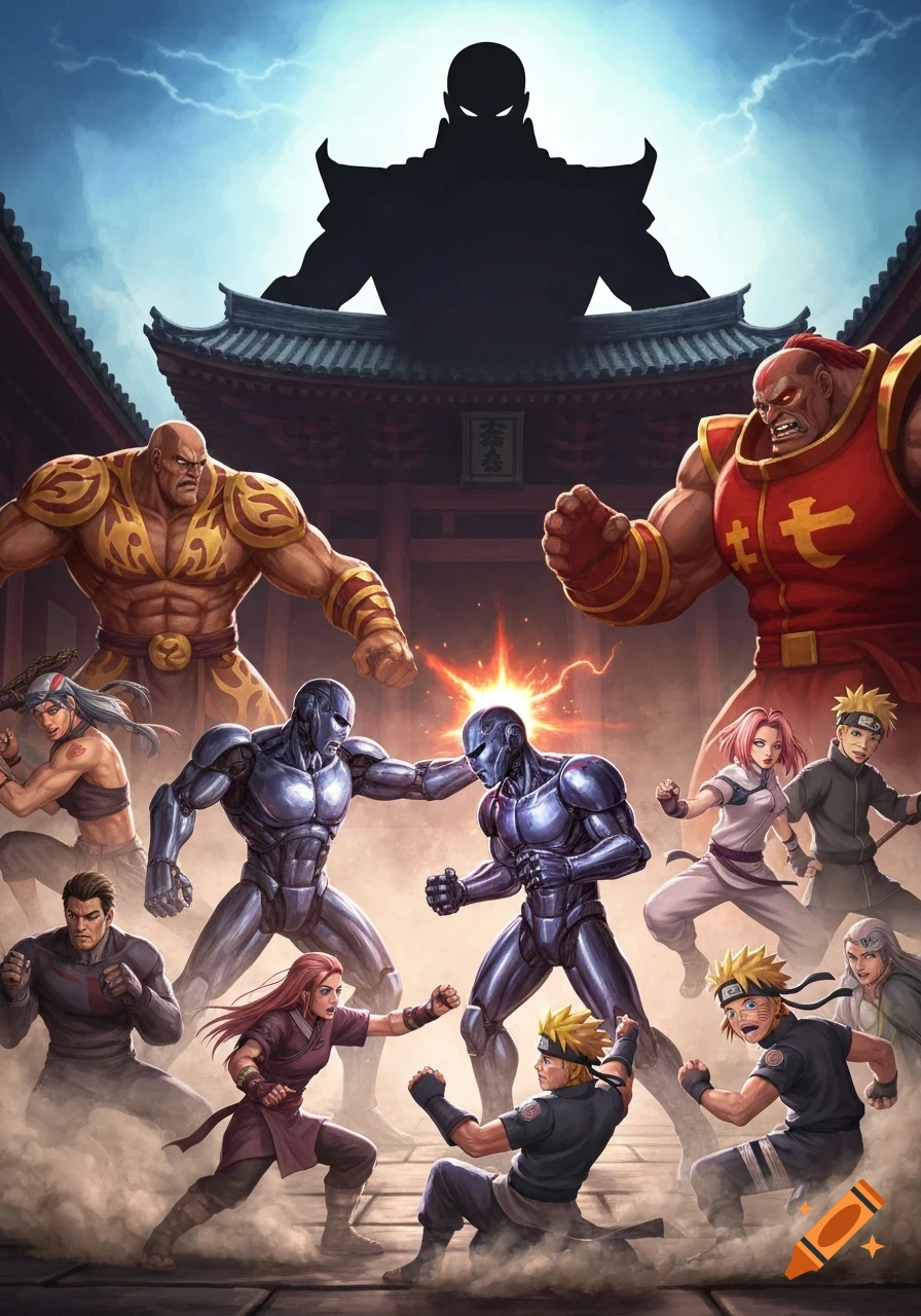 An epic battle scene featuring cartoonish fighters, robots, and anime characters like Naruto and Sakura, under the gaze of a shadowed giant in a temple courtyard.