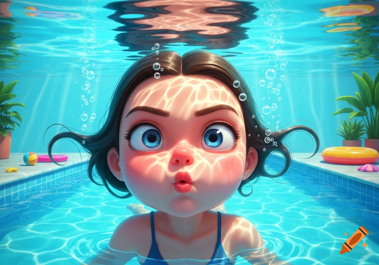 A cute cartoon girl with wide blue eyes holds her breath underwater in a vibrant blue swimming pool, with light reflections on her face.