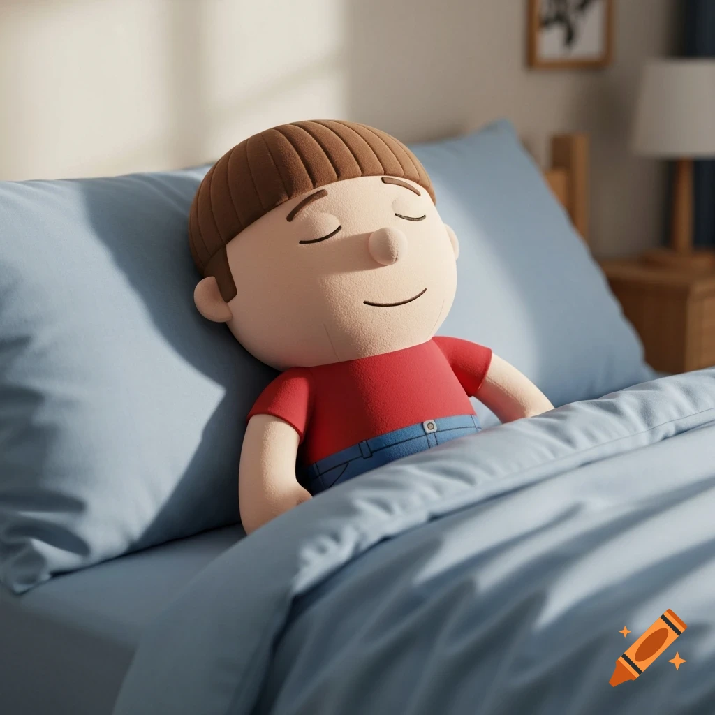 A 3D rendered plushie resembling Bobby Hill from King of the Hill sleeps soundly in a light blue bed.