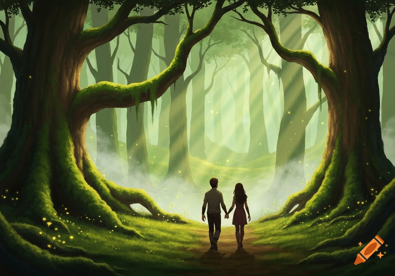 A couple holds hands walking away into a magical, peaceful forest with towering, mossy trees and dappled sunlight.