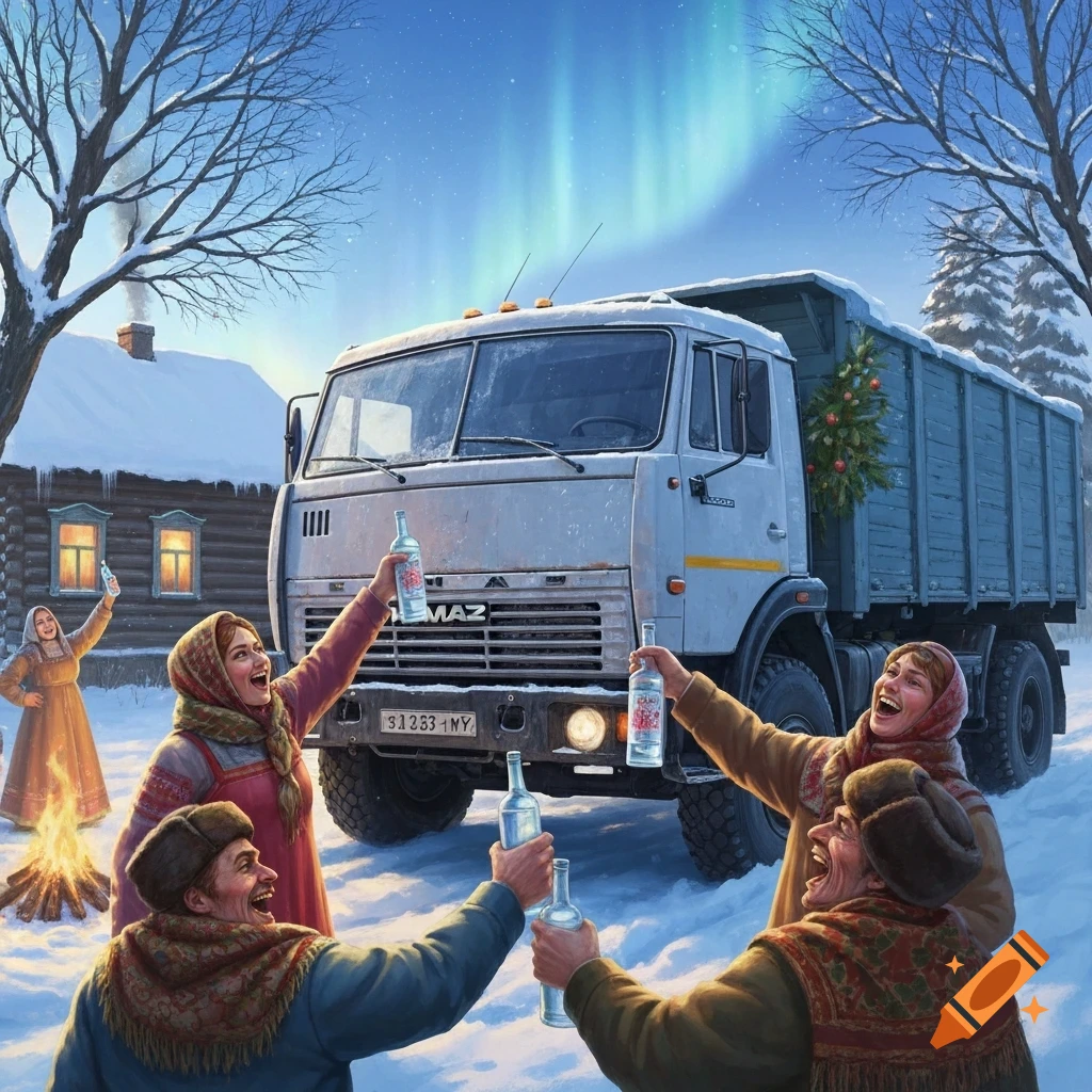 People in traditional Russian clothing cheer with vodka bottles around a bonfire next to a truck in a snowy, rural landscape under the Northern Lights.