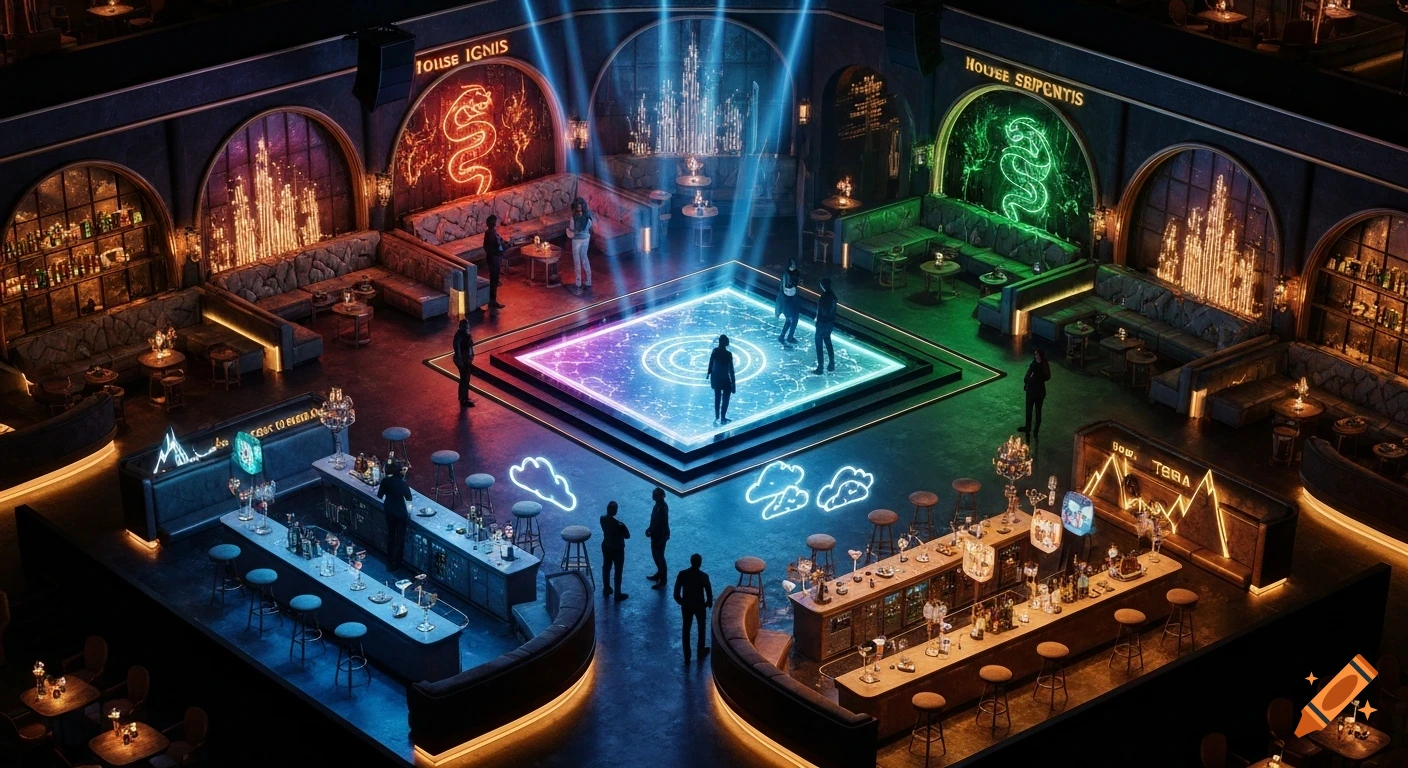An isometric view of a wizard-themed nightclub called The Arcane Hall, featuring a central glowing dance floor, two bars with "House Ignis" and "House Serpentis" signs, and atmospheric neon lighting.