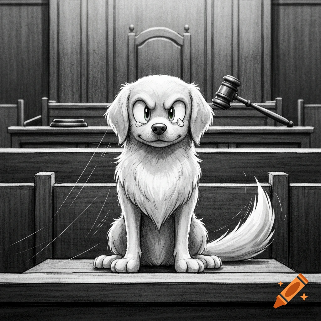 A black and white cartoon courtroom sketch shows a sad, wide-eyed dog sitting on a bench with a gavel nearby.